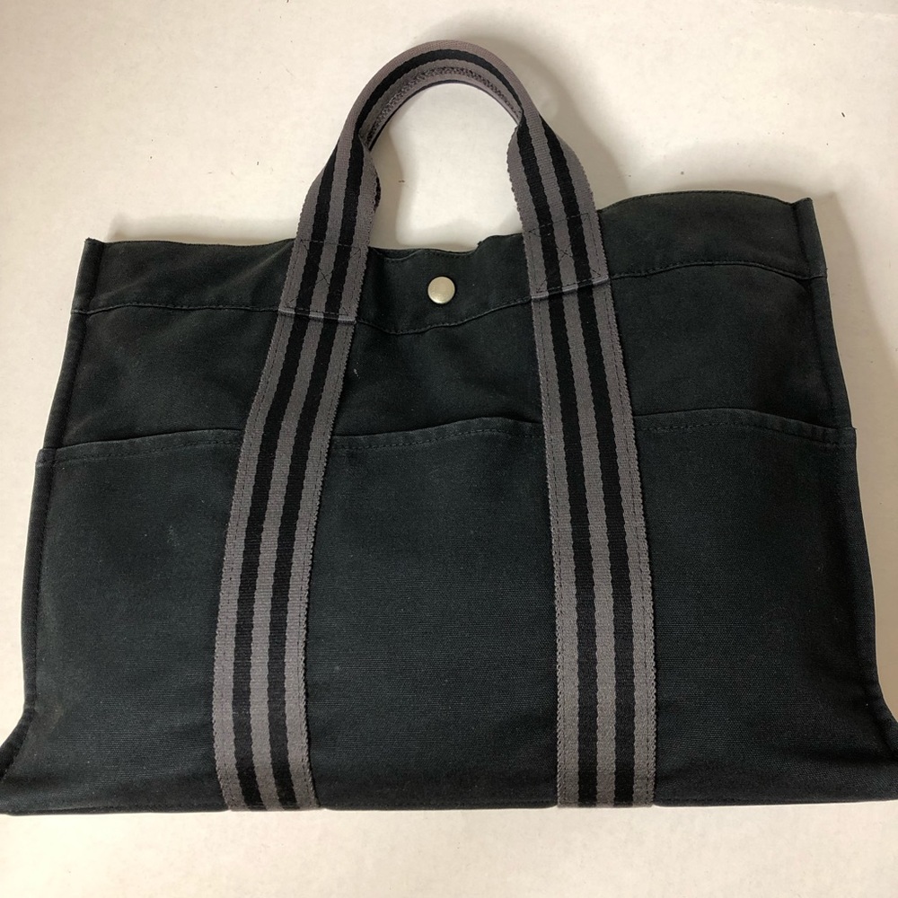 Authentic 🌸HERMES Paris Black Canvas Travel Tote Bag